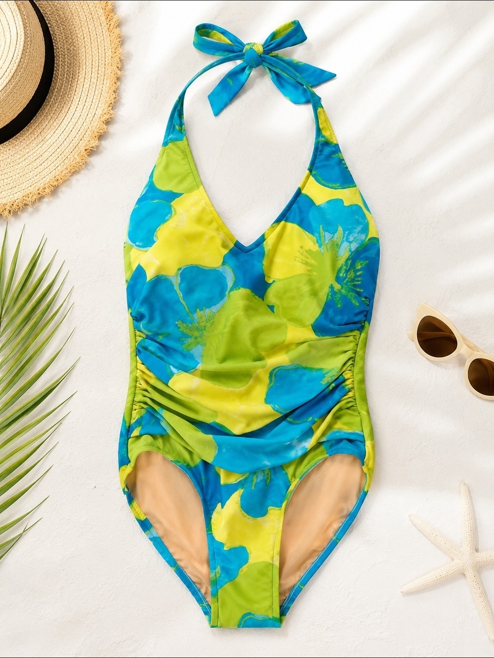Carol Wior Swimsuit Size 12 One Piece Ruched Tummy Control Blue Green Floral USA